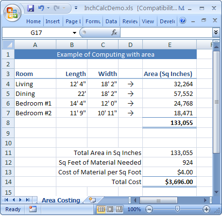 Example of doing area costing calculations with InchCalc