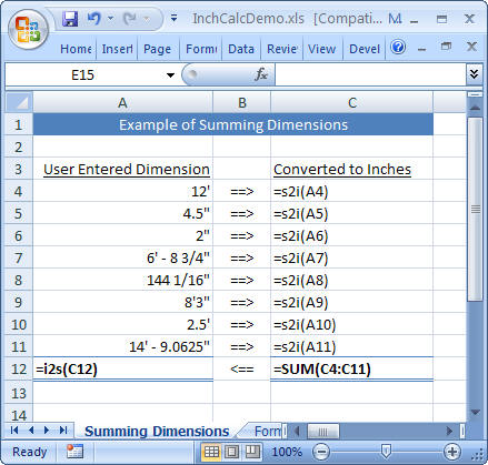 Example showing the formulas in the above spreadsheet